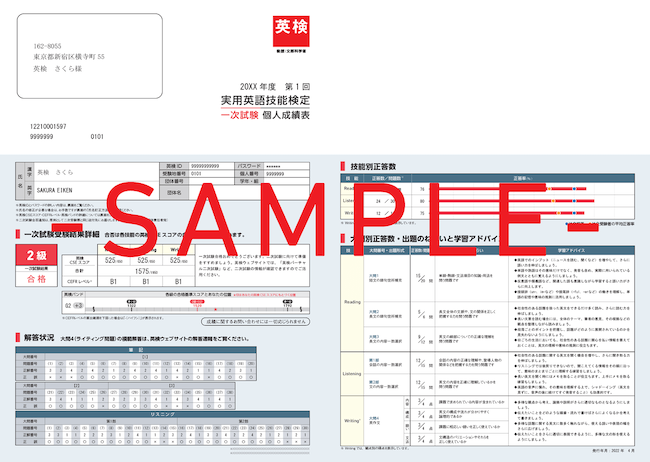 英検の一次試験個人成績表