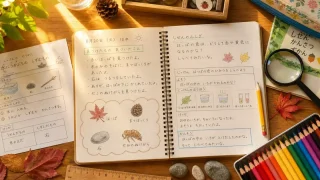 自由研究をする小学生の机の上のフラットレイ写真（ノート・色鉛筆・虫眼鏡・観察グッズ）