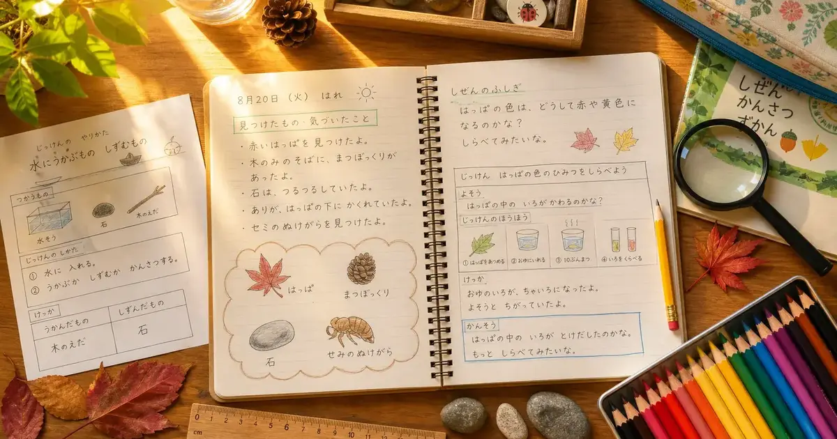 自由研究をする小学生の机の上のフラットレイ写真（ノート・色鉛筆・虫眼鏡・観察グッズ）