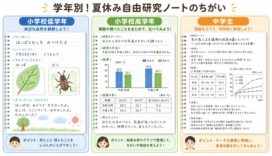 学年別の夏休み自由研究ノートの違いを示した比較図（小学校低学年・高学年・中学生の3段階）