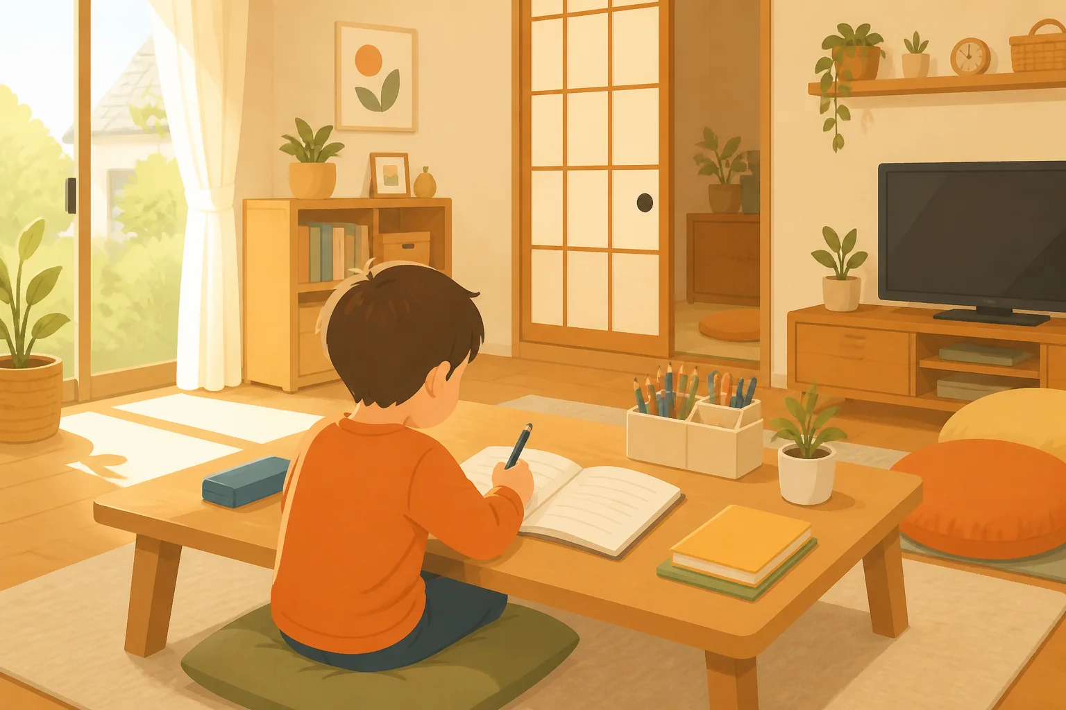 リビング学習をする子どものイラスト