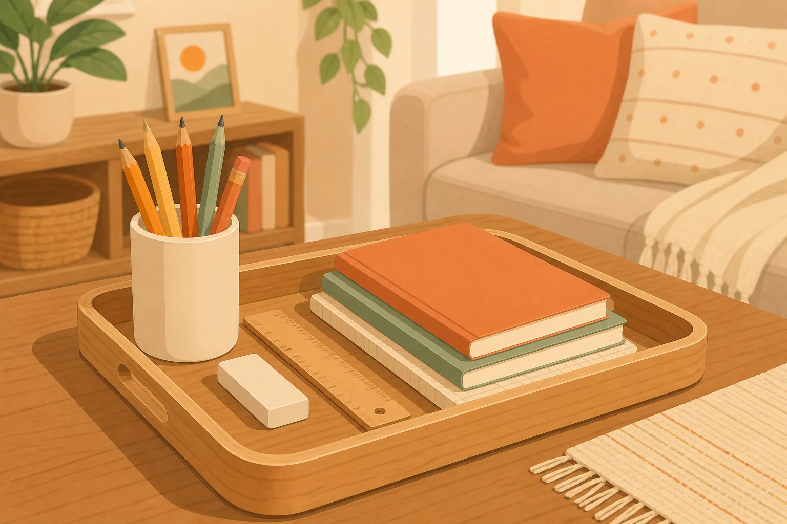 文具・教材を定位置化したトレーのイラスト