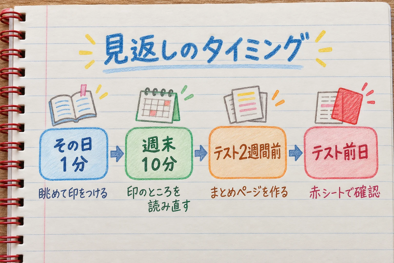 ノートの見返しを、その日1分・週末10分・テスト2週間前・テスト前日の4つのタイミングに分けた図