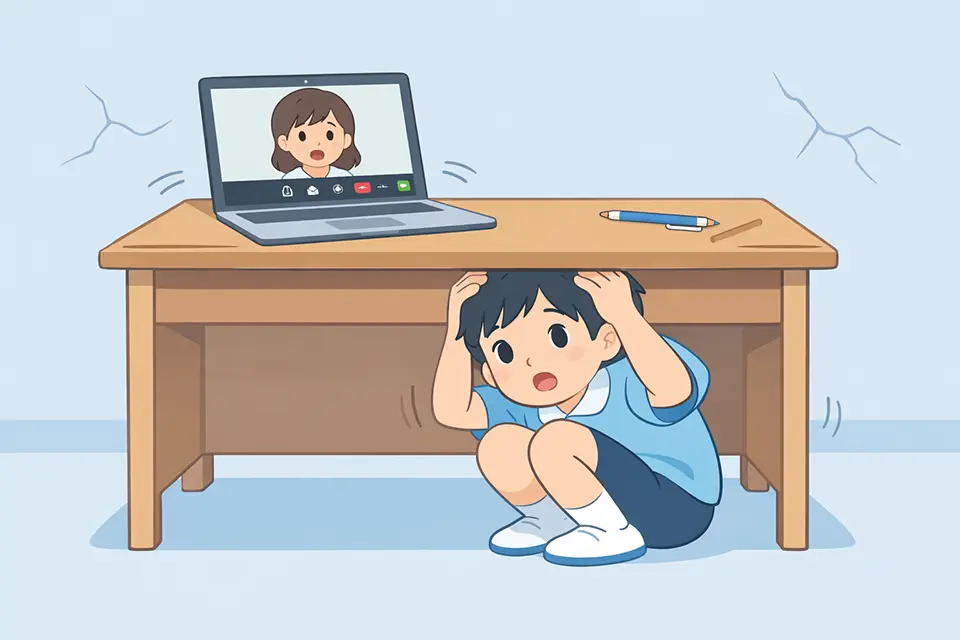 地震時に机の下で身を守る子どものイラスト
