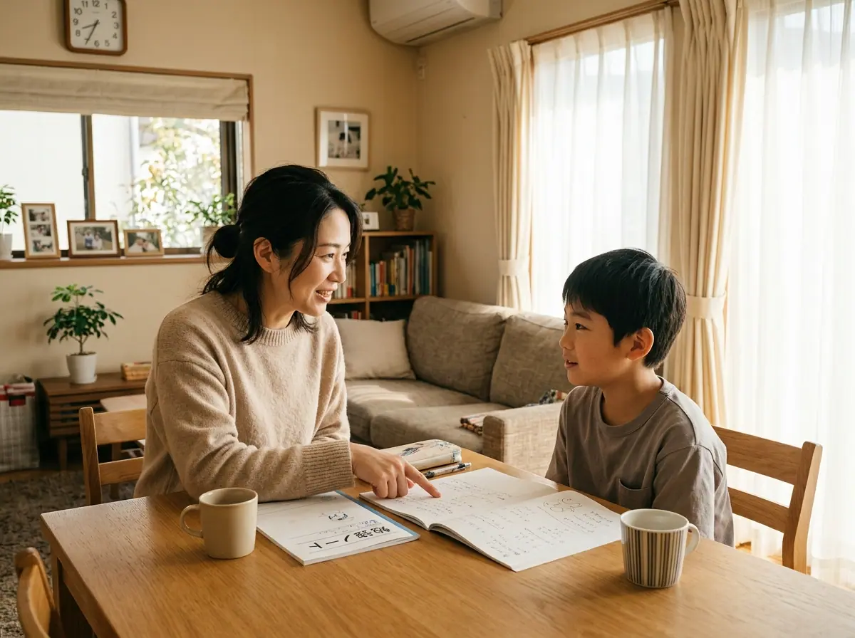 親子で机に向かって話し合う様子