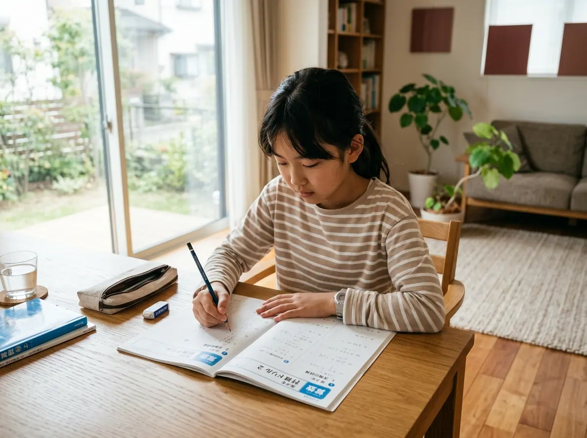 自宅で集中して問題を解く小学生