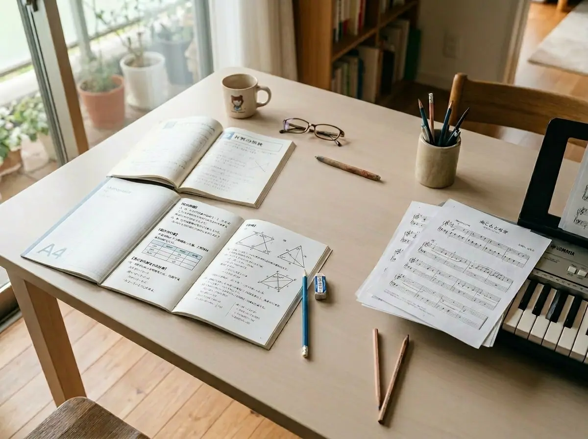 算数のノートと習い事の道具が並ぶ様子