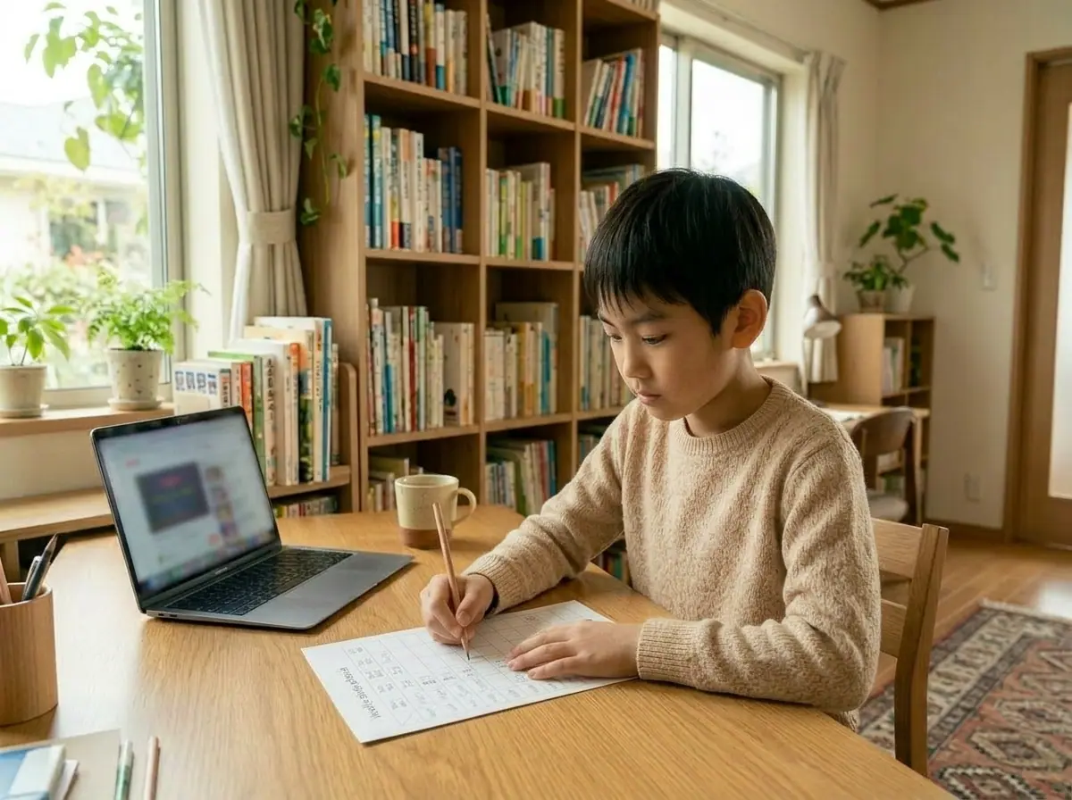 講師が学習計画表を見せながら子どもに説明するイメージ