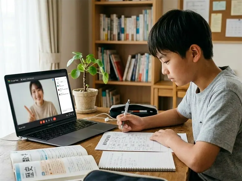 講師が学習計画表を見せながら中学生に説明するイメージ