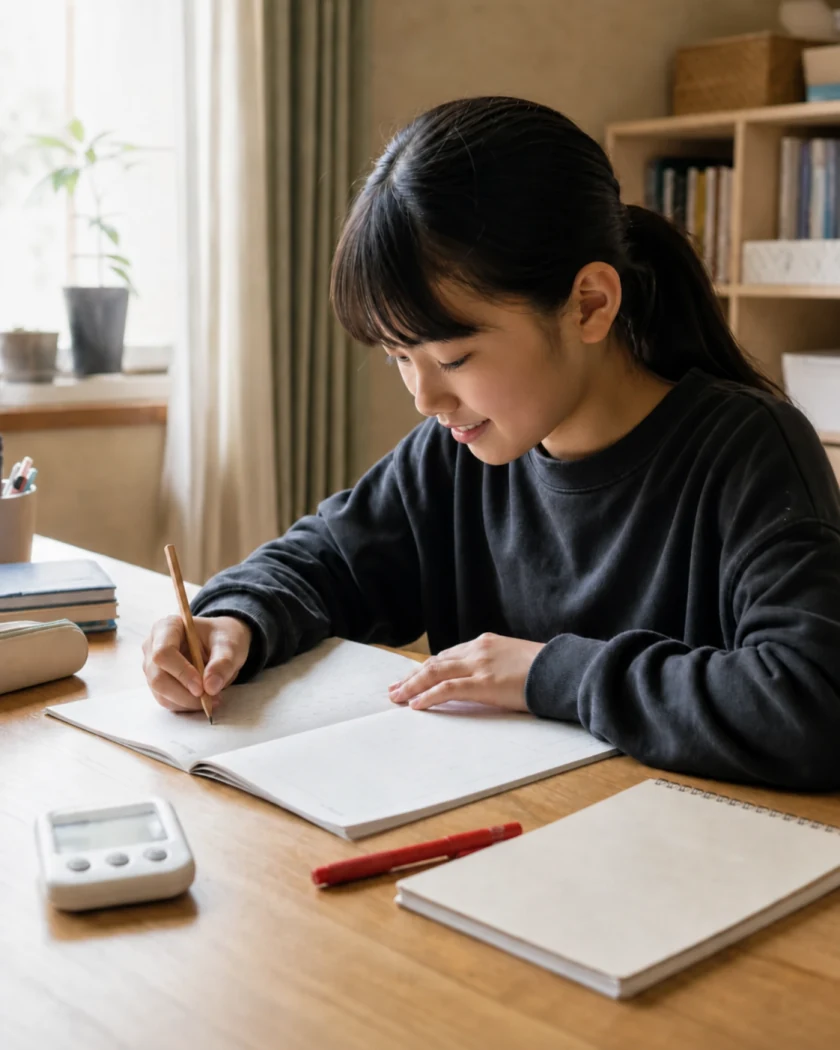 キッチンタイマーを使って漢字の1分間テストに取り組む小学生