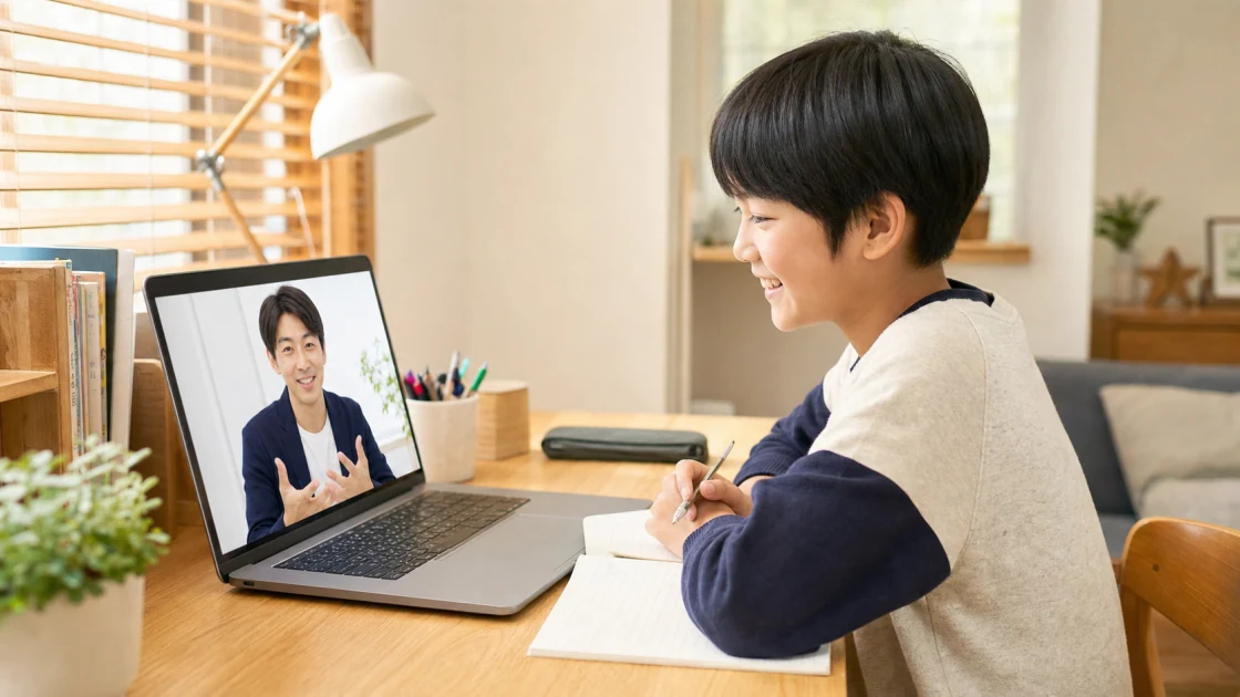 自宅でオンラインレッスンを受ける小学生