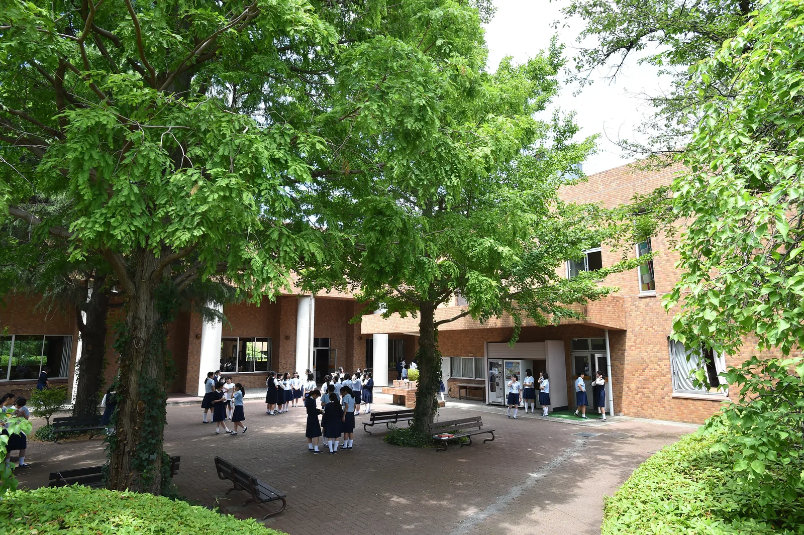 聖園女学院中学校・高等学校の講堂横広場。大きな木の下にベンチが置かれ、制服姿の生徒たちが集まって話している