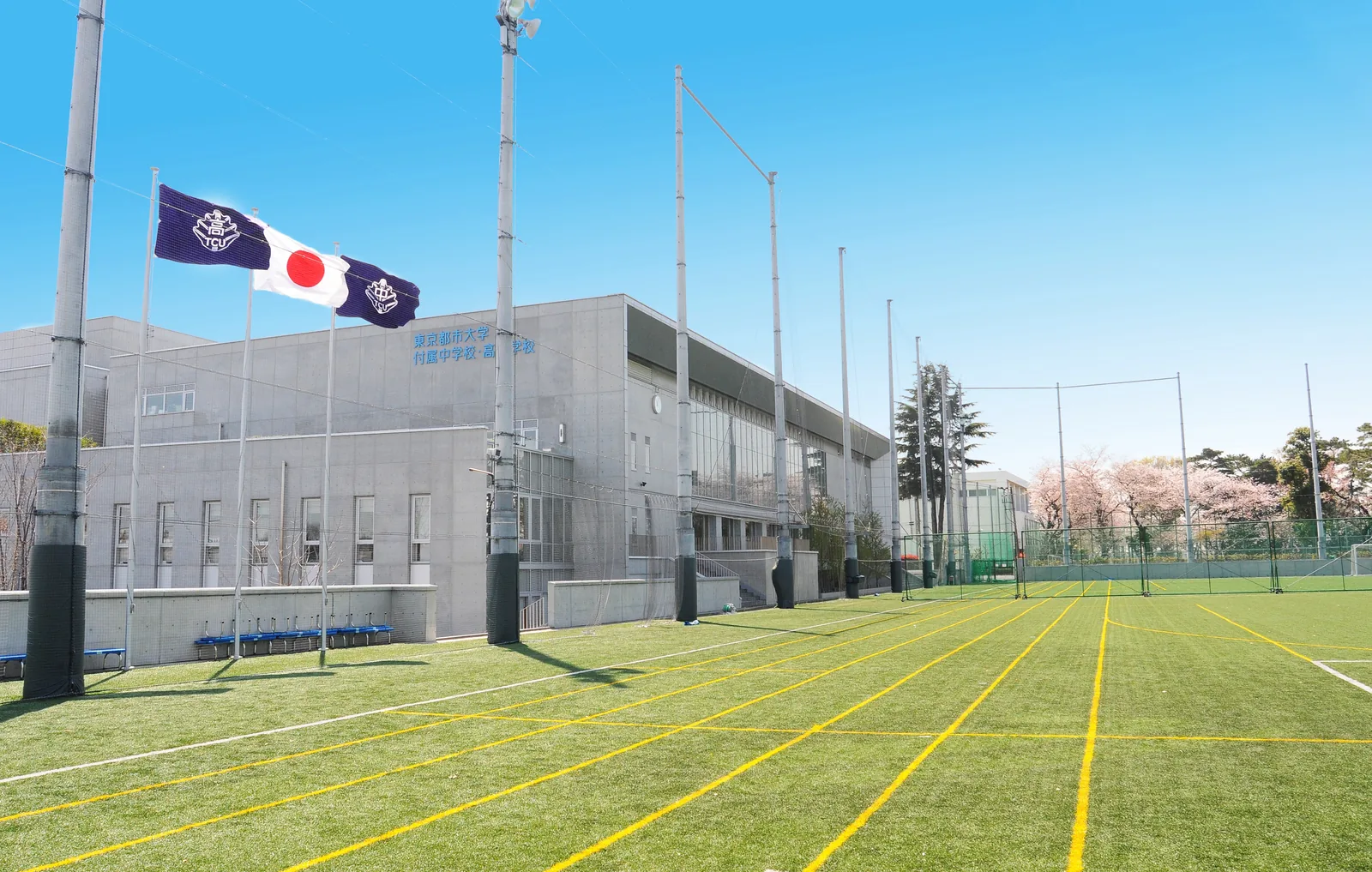東京都市大学付属中学校・高等学校の校舎とグラウンド。青空の下、人工芝のグラウンドの奥に校舎が建ち、校旗と日章旗が掲げられている